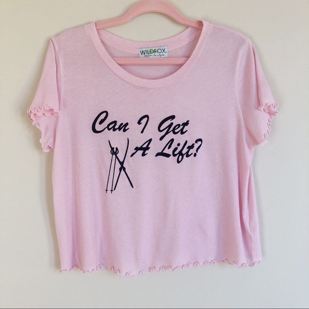 Wildfox Pink Cropped Short Sleeve Tee Ski Lift Graphic Print Lettuce Hem